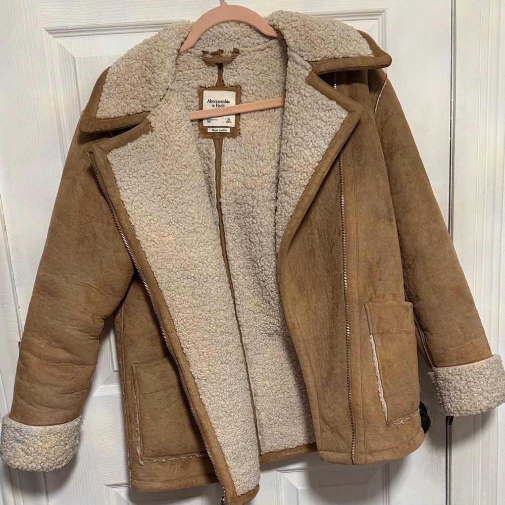 Abercrombie & Fitch Cream Vegan Leather Jacket
